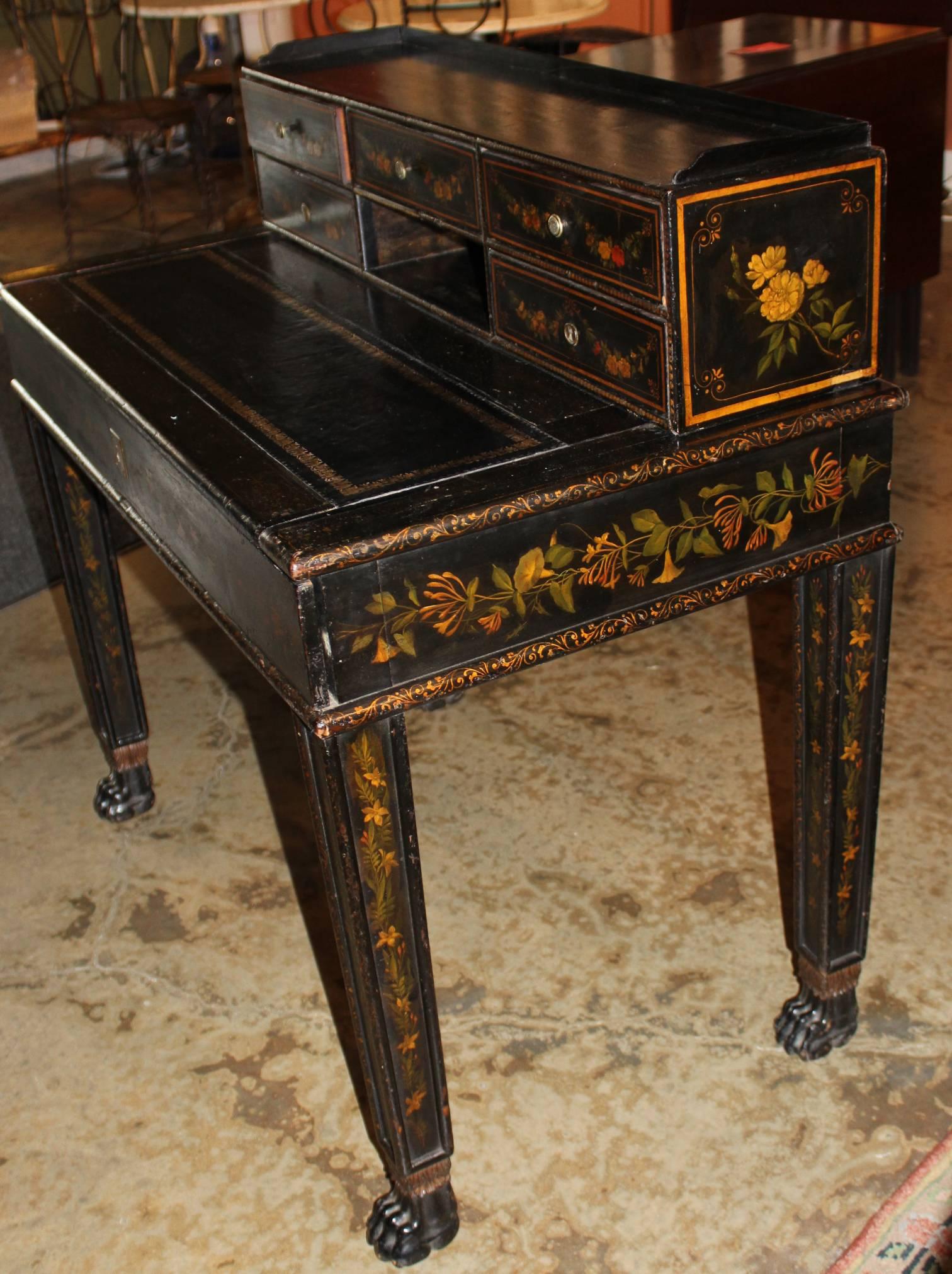 European 19th Century Continental Polychrome Writing Desk in Black Lacquer