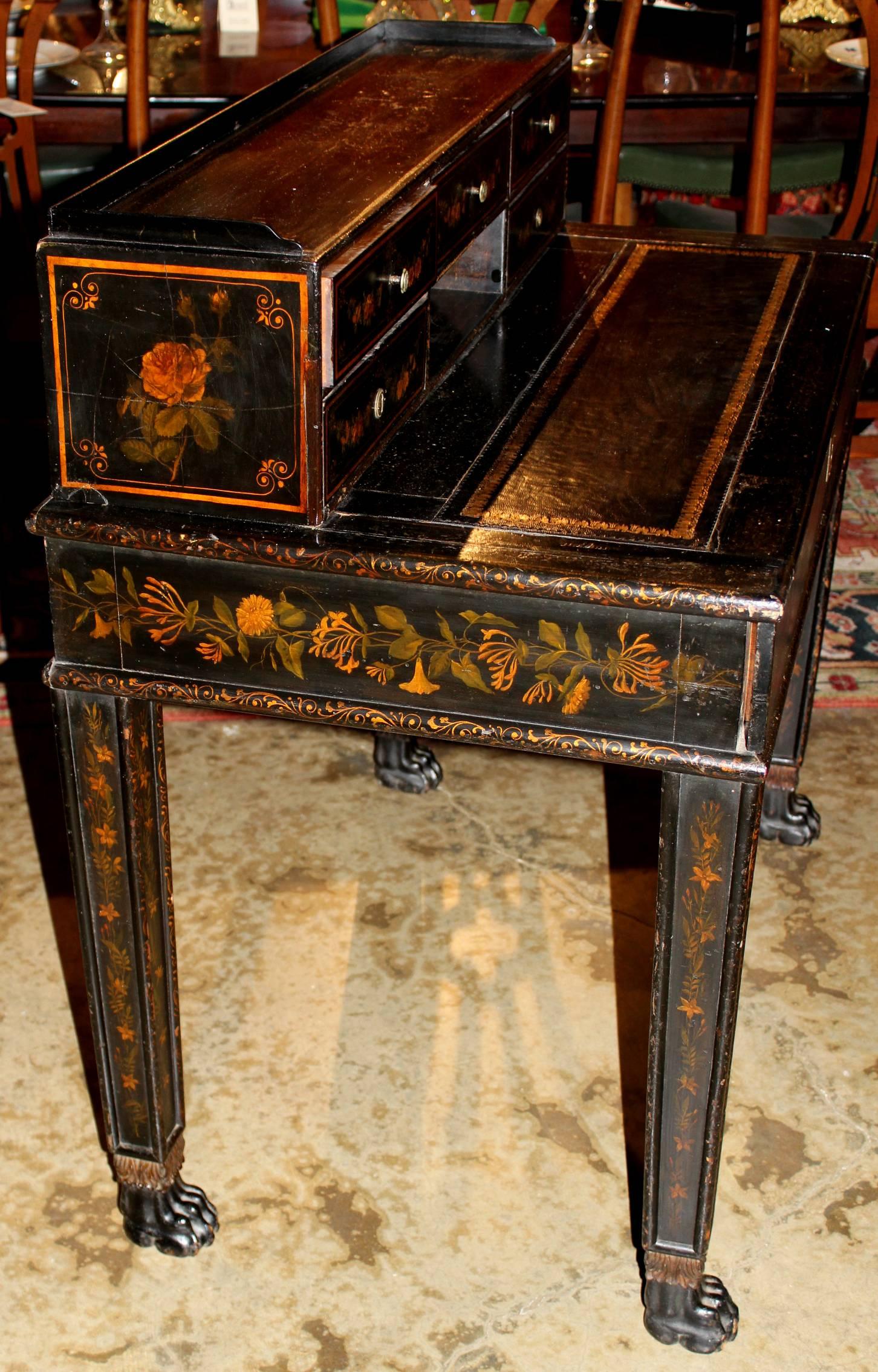 Lacquered 19th Century Continental Polychrome Writing Desk in Black Lacquer