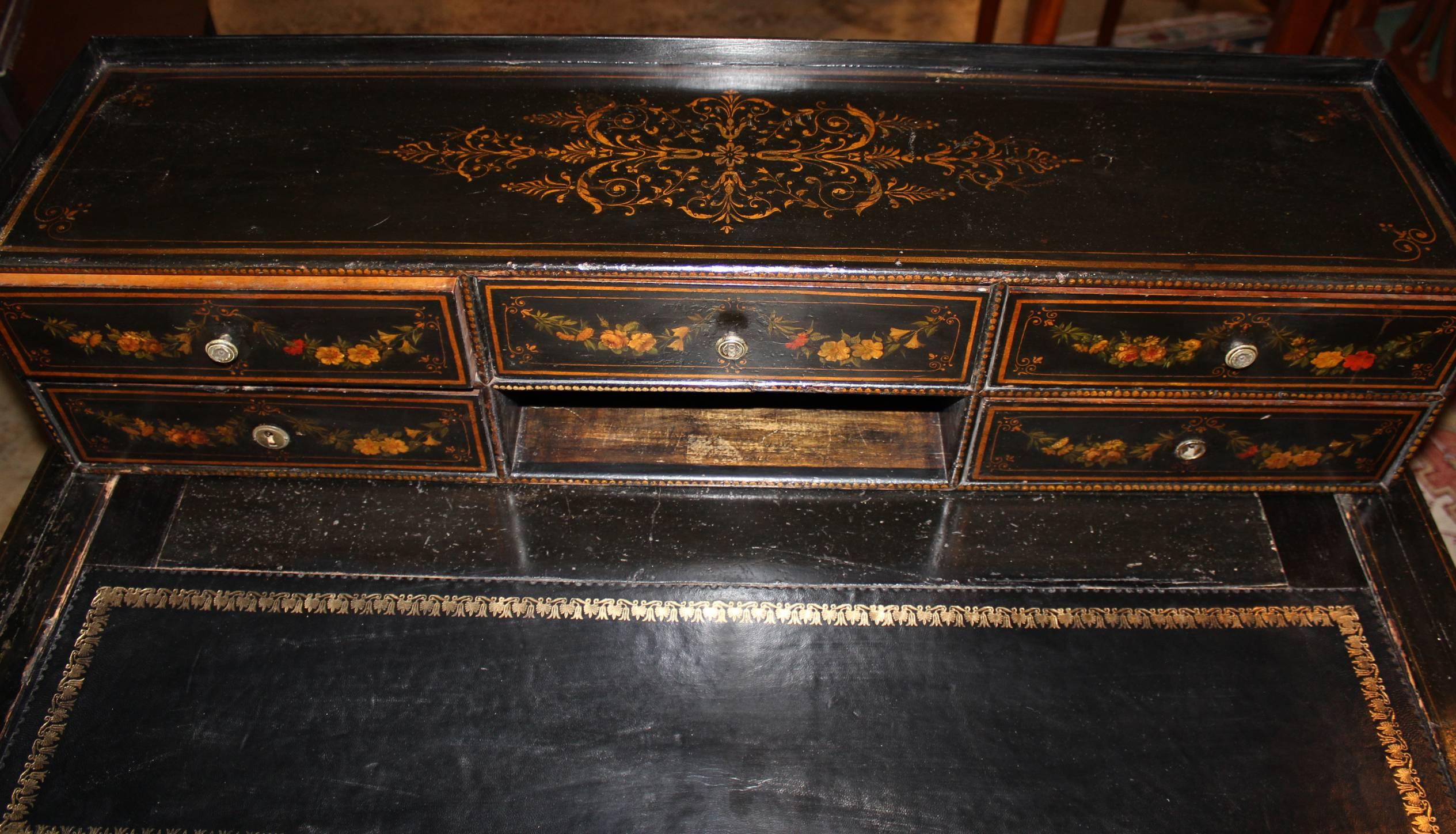 19th Century Continental Polychrome Writing Desk in Black Lacquer In Excellent Condition In Milford, NH