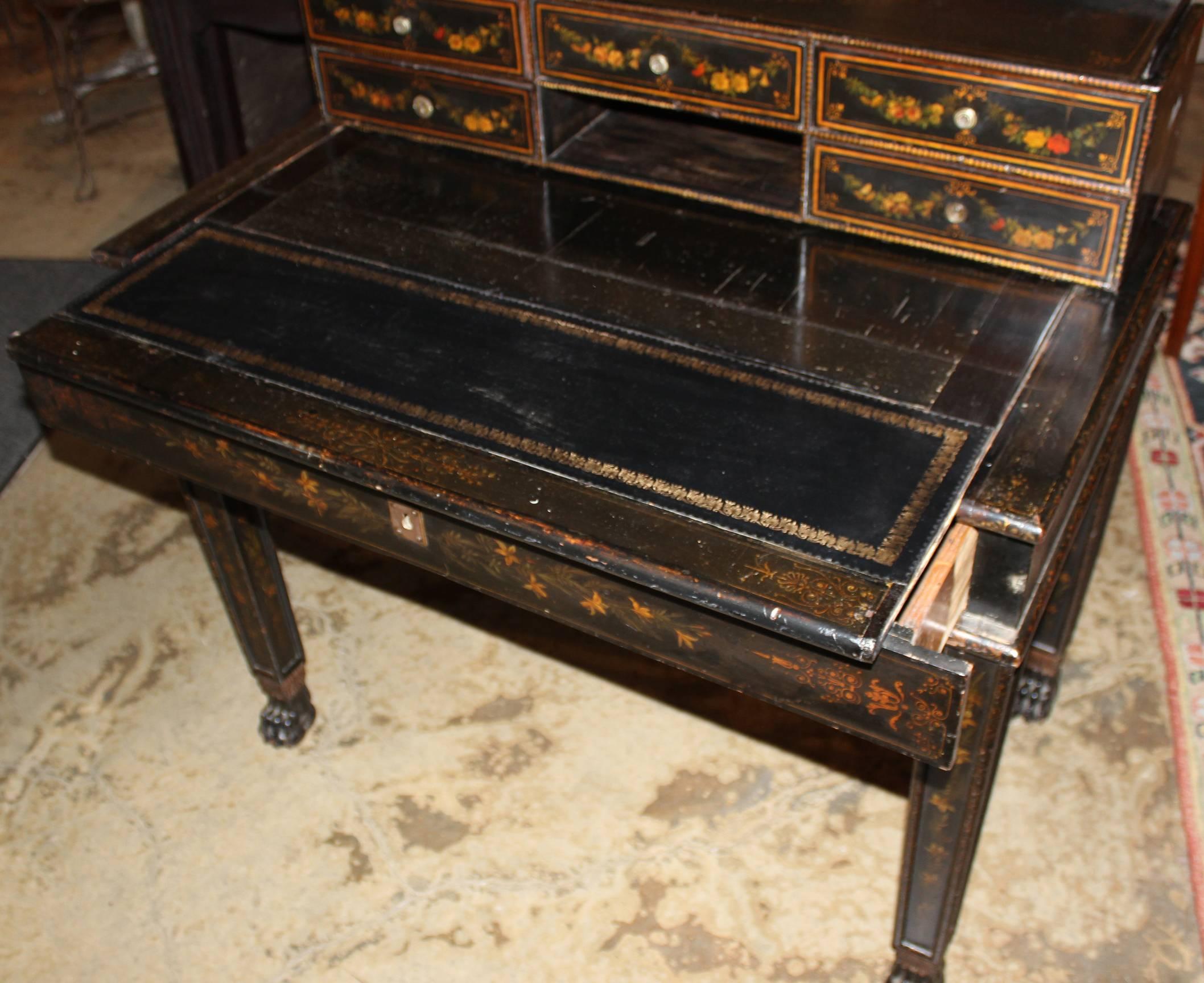 Wood 19th Century Continental Polychrome Writing Desk in Black Lacquer