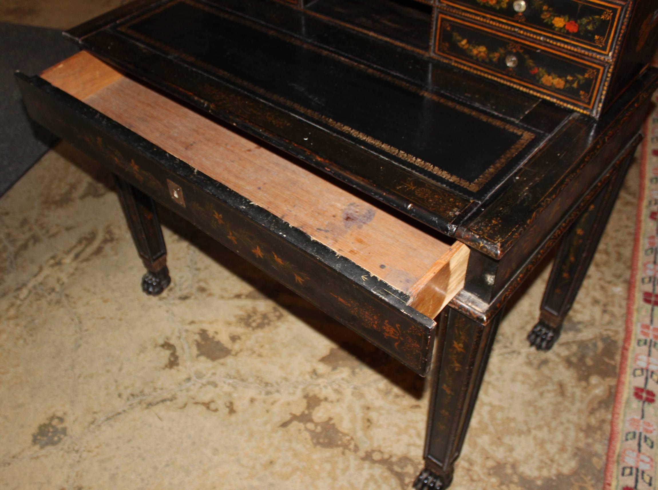 19th Century Continental Polychrome Writing Desk in Black Lacquer 1