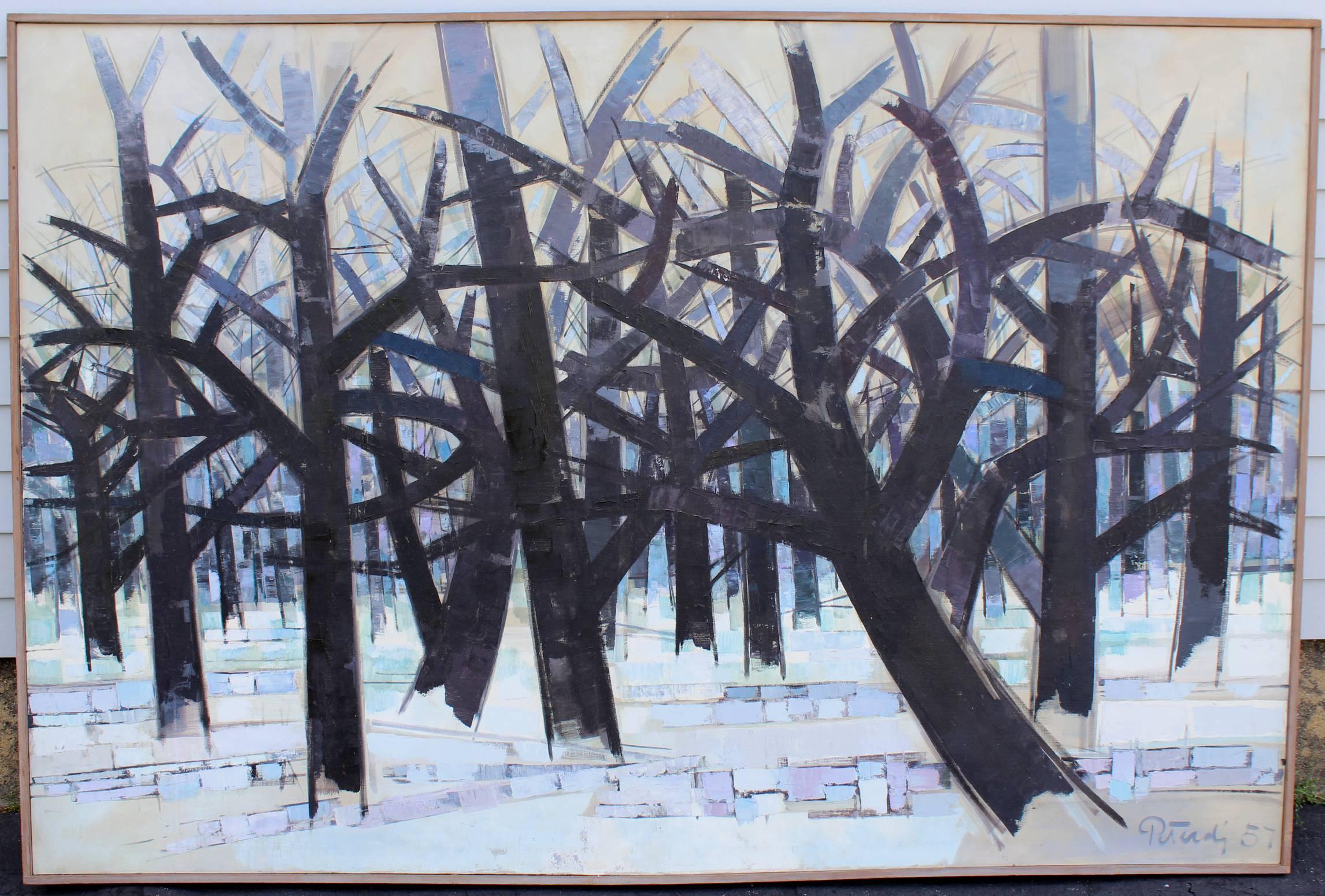 This large modernist oil painting of a winterscape was painted by Hungarian American artist Gabor Peterdi (1915-2001). Peterdi was born in Pestujhely, Hungary, studied at the Hungarian Academy of Fine Arts, the Academy Belle in Rome and the Academy