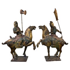 Pair of 19th c Polychrome & Gilt Chinese Cavalry Figures on Horseback