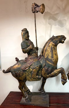 Pair of 19th c Polychrome & Gilt Chinese Cavalry Figures on Horseback