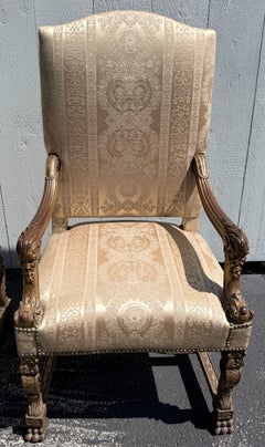 Pair of Giltwood Baroque Style Upholstered Arm Chairs with Figural Arms