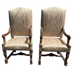 Pair of Giltwood Baroque Style Upholstered Arm Chairs with Figural Arms