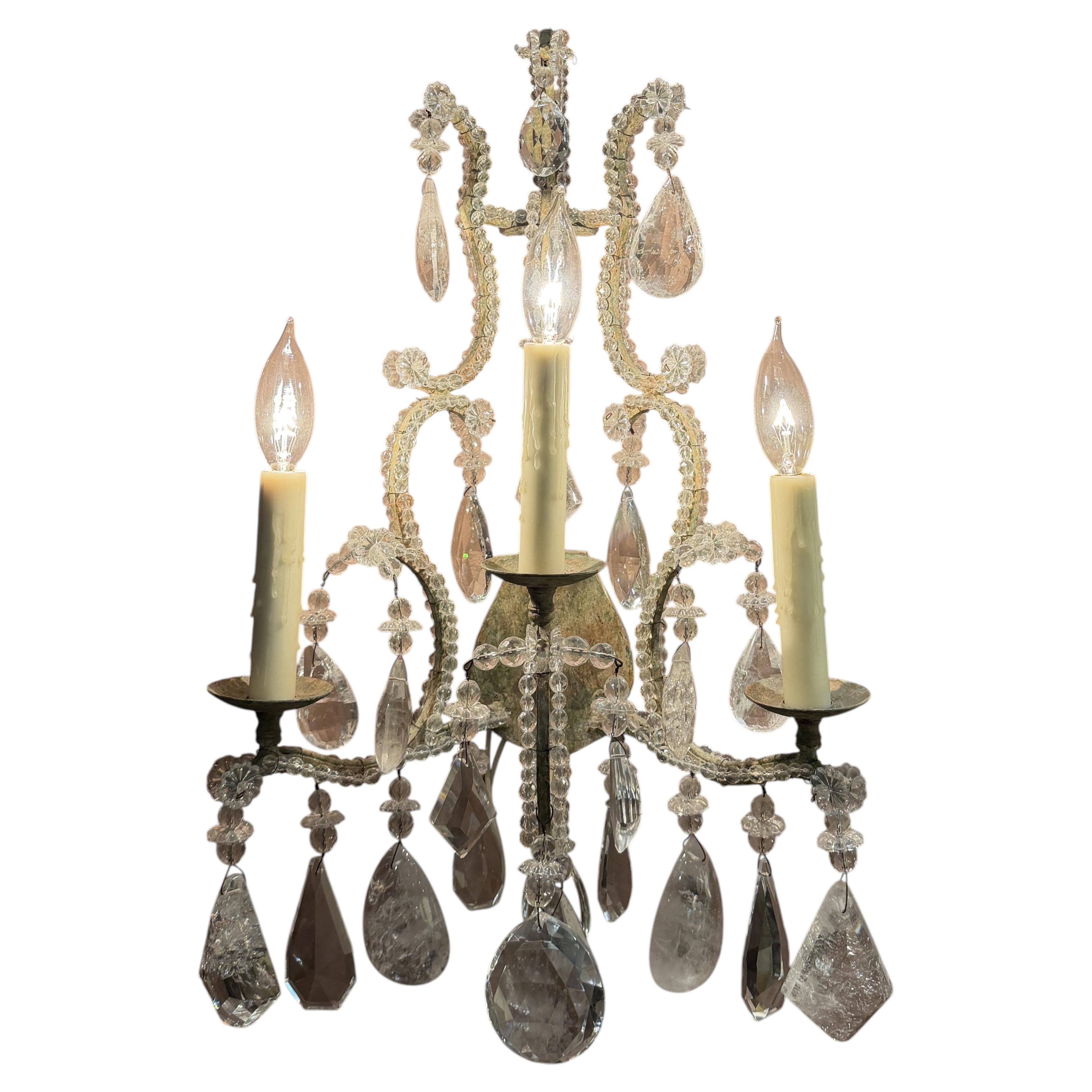 Dennis & Leen Louis XV Style Iron & Rock Crystal 3-Light Chateau Wall Sconce For Sale