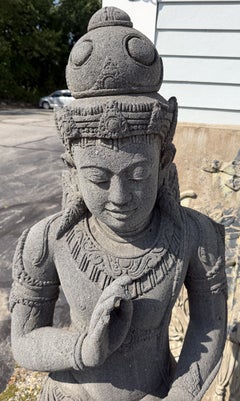 Large Indian Carved Lava Stone Seated Hindu Goddess Sculpture, Devi Tara
