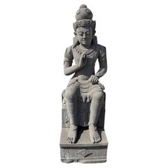 Large Indian Carved Lava Stone Seated Hindu Goddess Sculpture, Devi Tara
