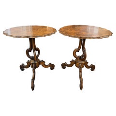 Pair of 19th Century Burled Walnut Tilt Top Tables w/ Scalloped Edges
