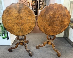 Pair of 19th Century Burled Walnut Tilt Top Tables w/ Scalloped Edges