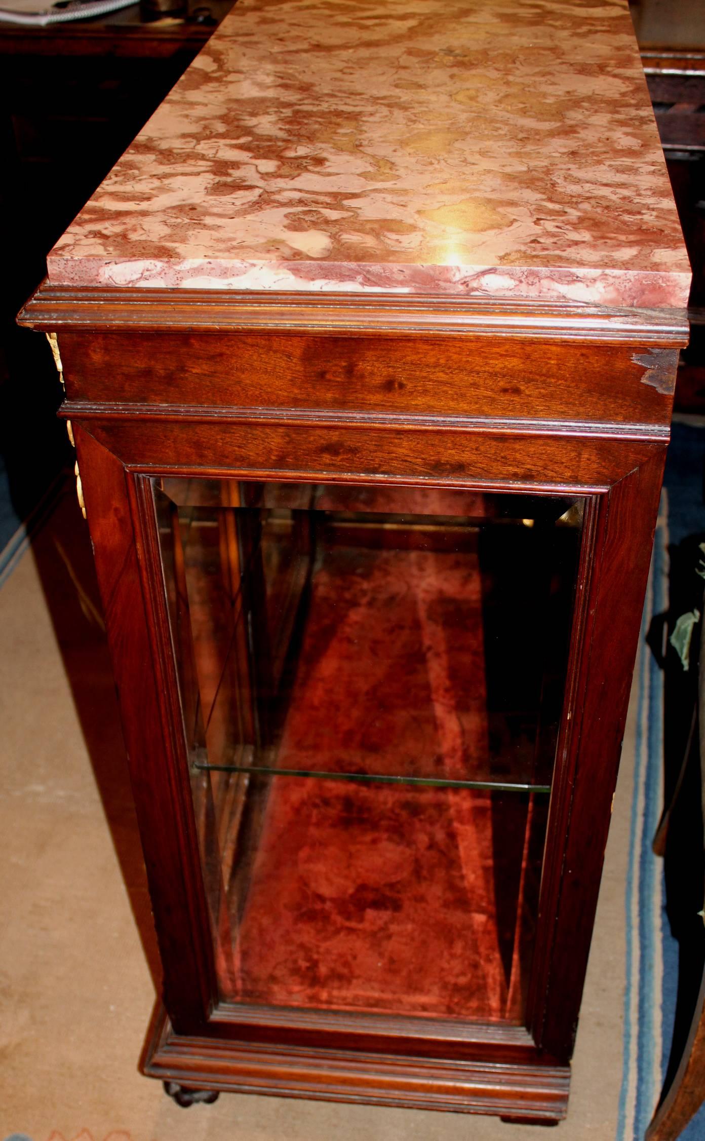 Beveled French Empire Style Curio Cabinet or Vitrine with Rouge Marble Top