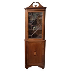 19th Century English Diminutive Two Piece Mahogany Corner Cupboard w/ Leaf Inlay