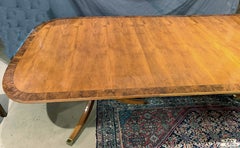 English Double Pedestal Dining Table in Banded Elm & Walnut with Two Leaves