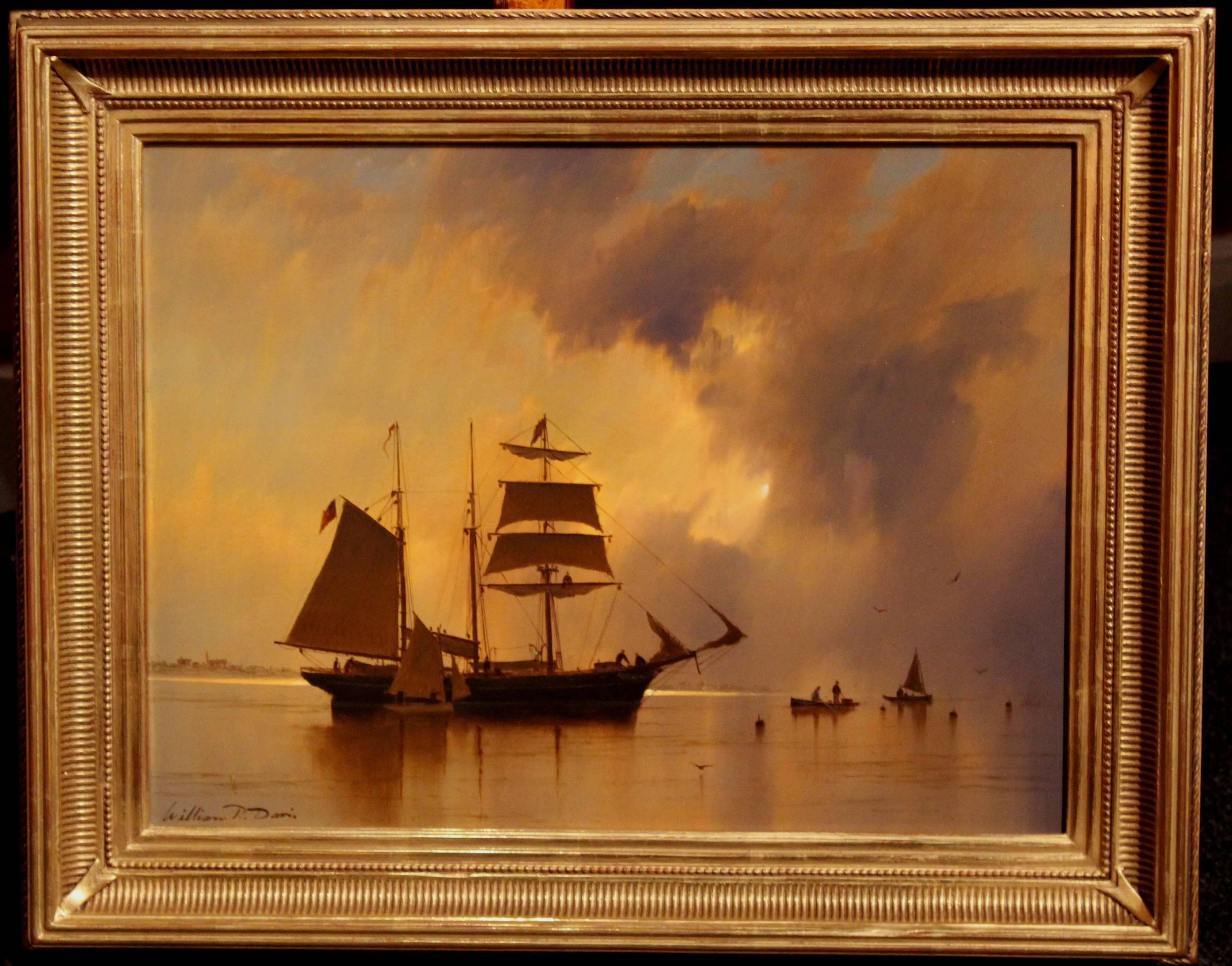 This exceptional luminist marine oil painting was painted by American artist William R. Davis (1952). Davis was born in Somerville, Massachusetts, grew up in Hyannis Port, MA and became well-known in New England and across the country as a