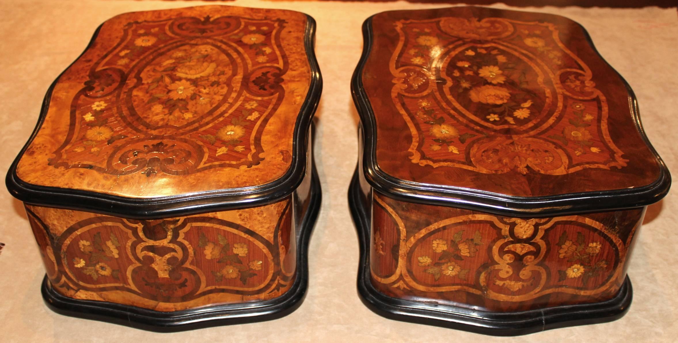 Carved Pair of 19th Century French Marquetry Boxes with Silk Interiors