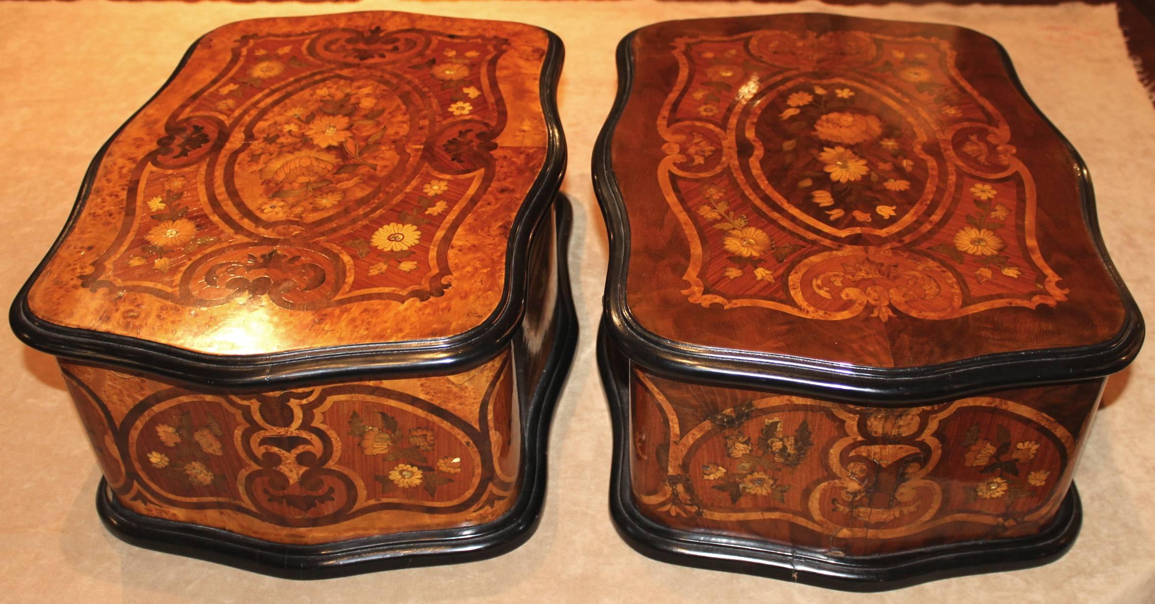 Burl Pair of 19th Century French Marquetry Boxes with Silk Interiors