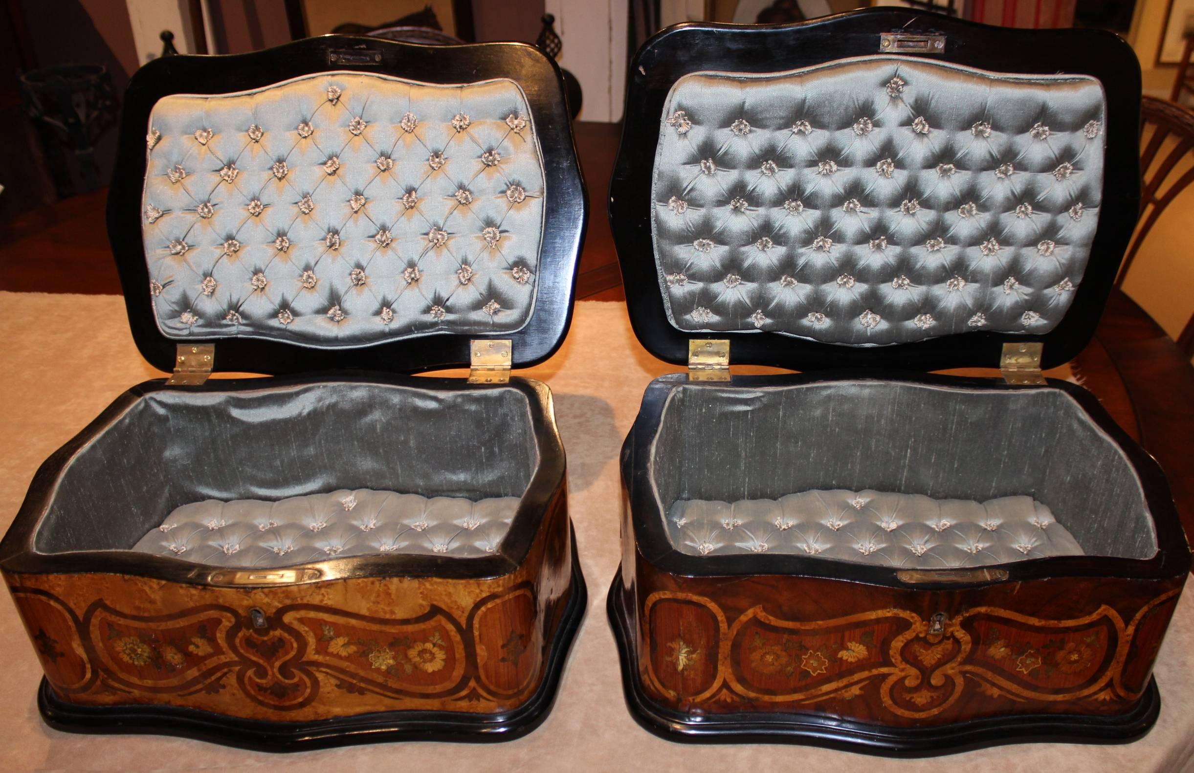 Pair of 19th Century French Marquetry Boxes with Silk Interiors 1