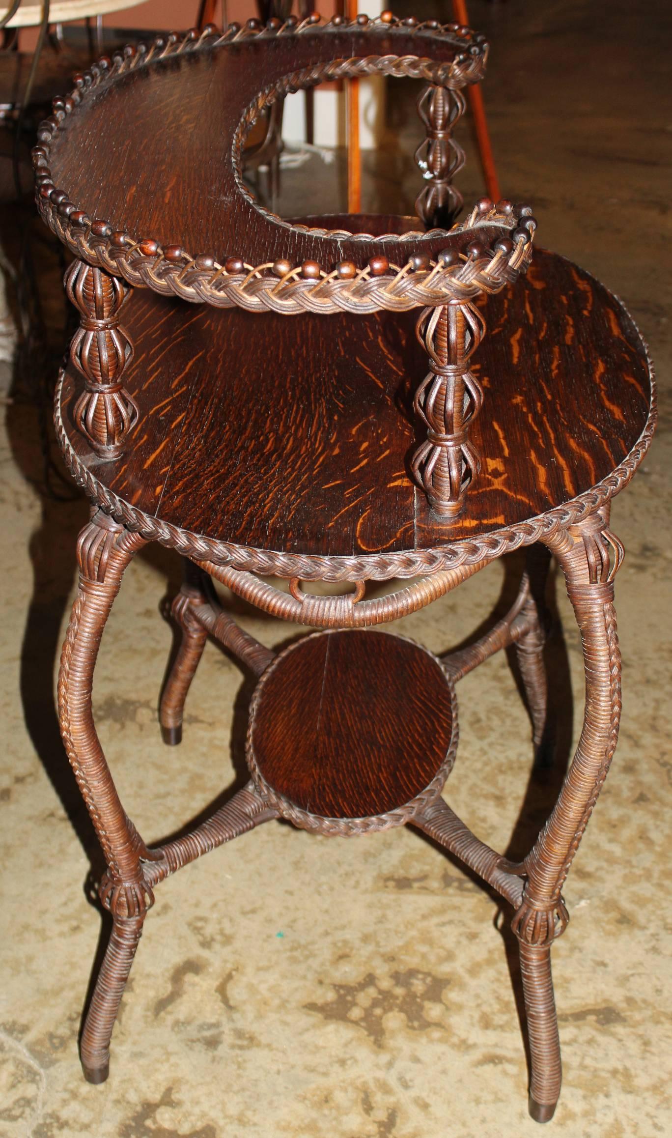 Heywood Bros & Co Oak Two-Tier Wicker and Oak Oval Table In Excellent Condition In Milford, NH