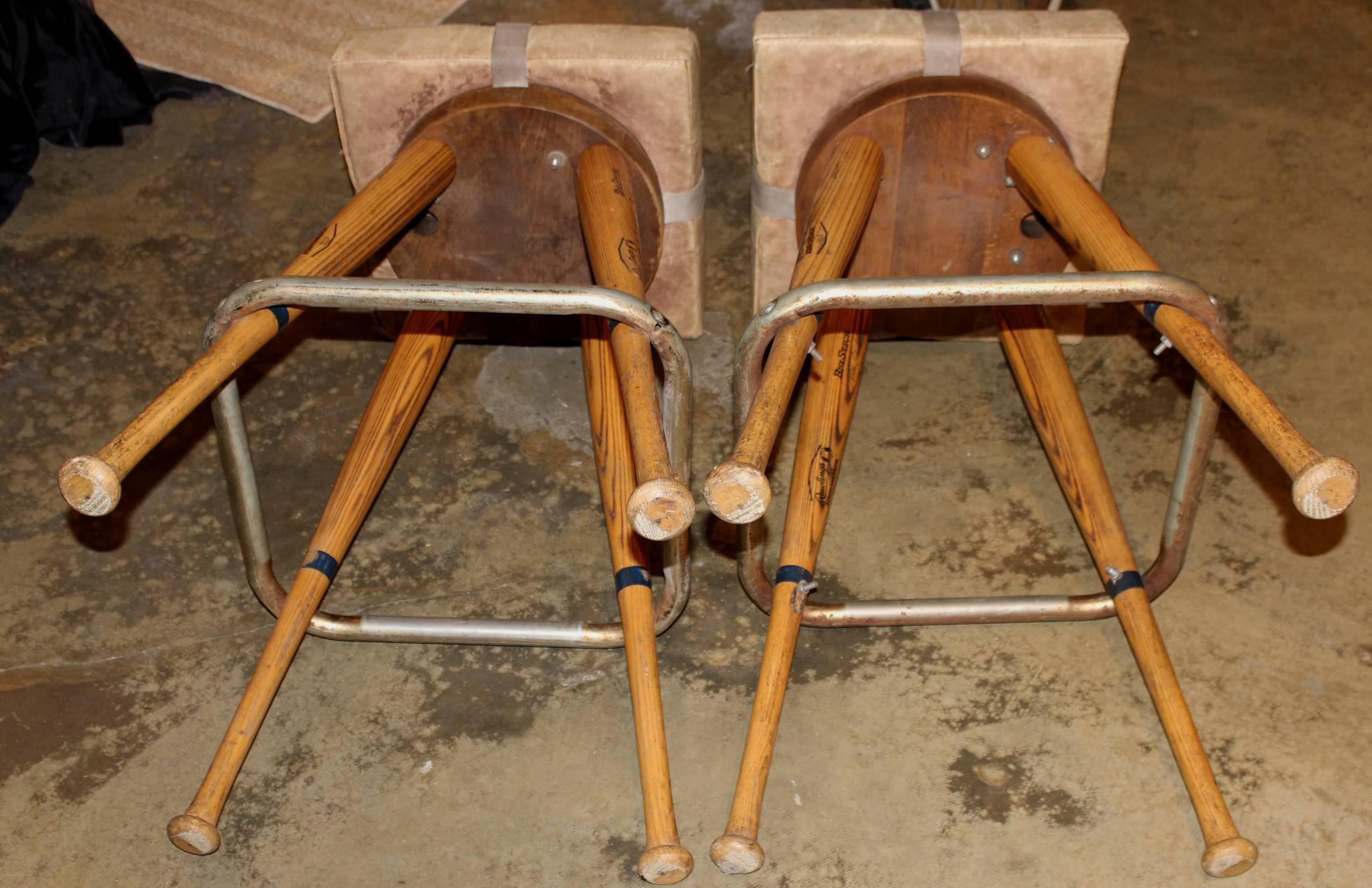 20th Century Pair of Custom Baseball Bat Bar Stools with Base Seat Cushions