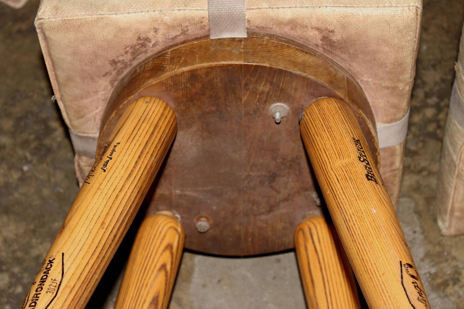 Pair of Custom Baseball Bat Bar Stools with Base Seat Cushions For Sale