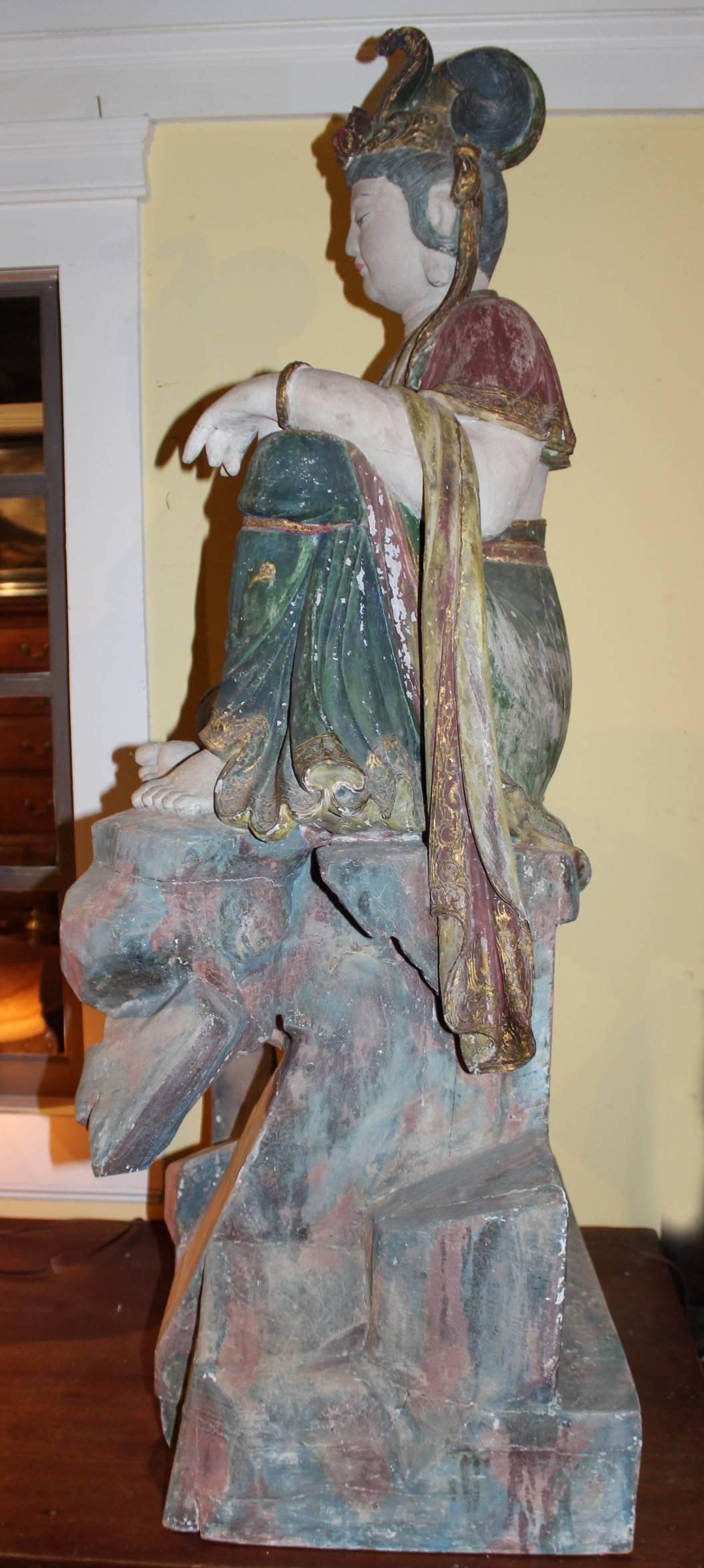 19th Century Polychrome Carved Wooden Seated Figure of Guanyin