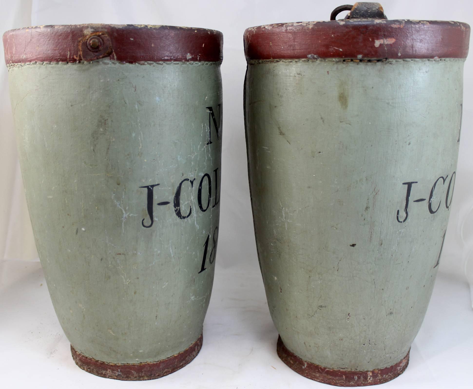 Pair of Rare Painted Fire Buckets - J. Coleman, Nantucket MA, circa 1821 In Good Condition In Milford, NH