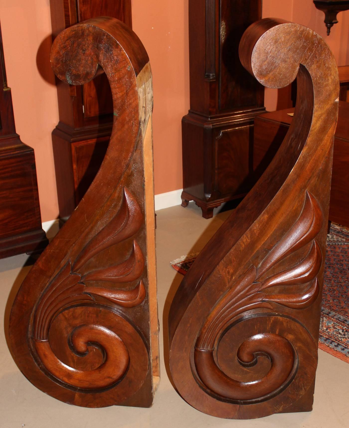 American Empire Pair of Large Wooden Scroll Form Corbels by S.D. Willis, Fitchburg, MA For Sale