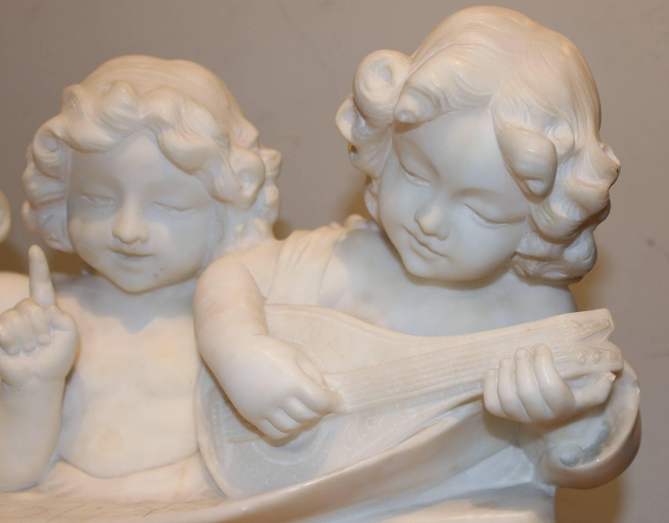 Italian Adolfo Cipriani Carved Stone Musical Sculpture of Three Children Singing
