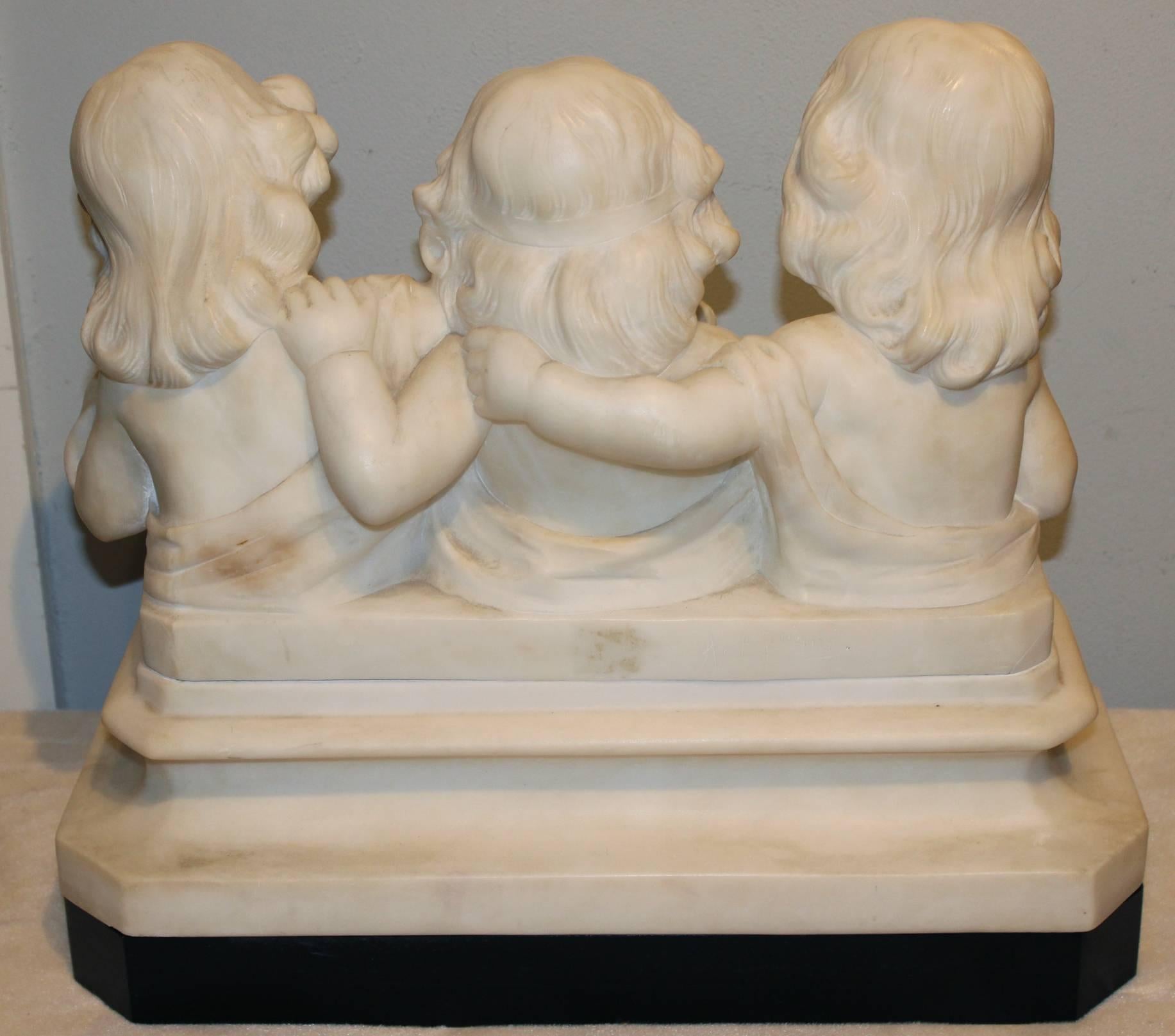 20th Century Adolfo Cipriani Carved Stone Musical Sculpture of Three Children Singing