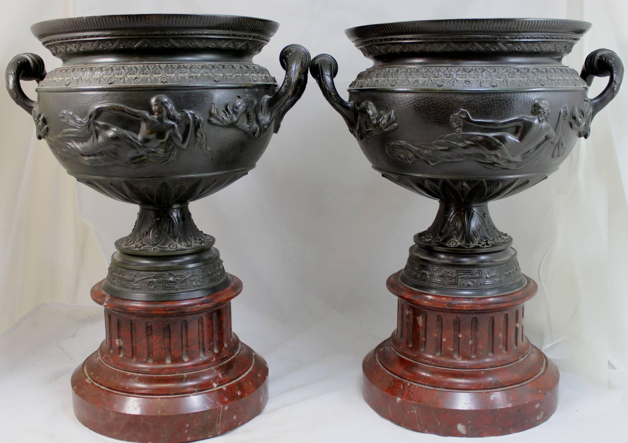 Carved Pair of 19th Century French Bronze Handled Urns with Marble Plinths