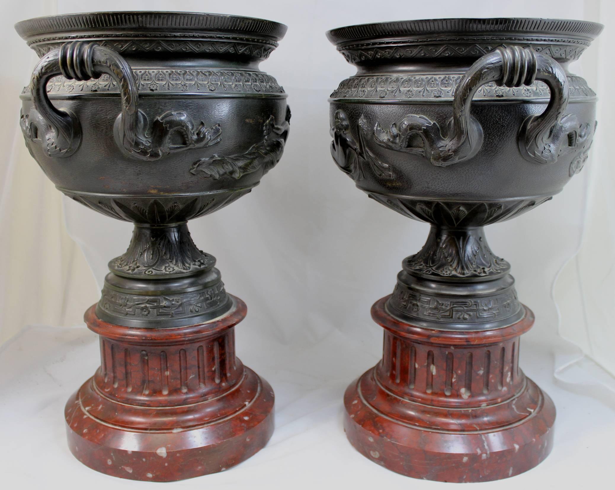 Pair of 19th Century French Bronze Handled Urns with Marble Plinths In Excellent Condition In Milford, NH