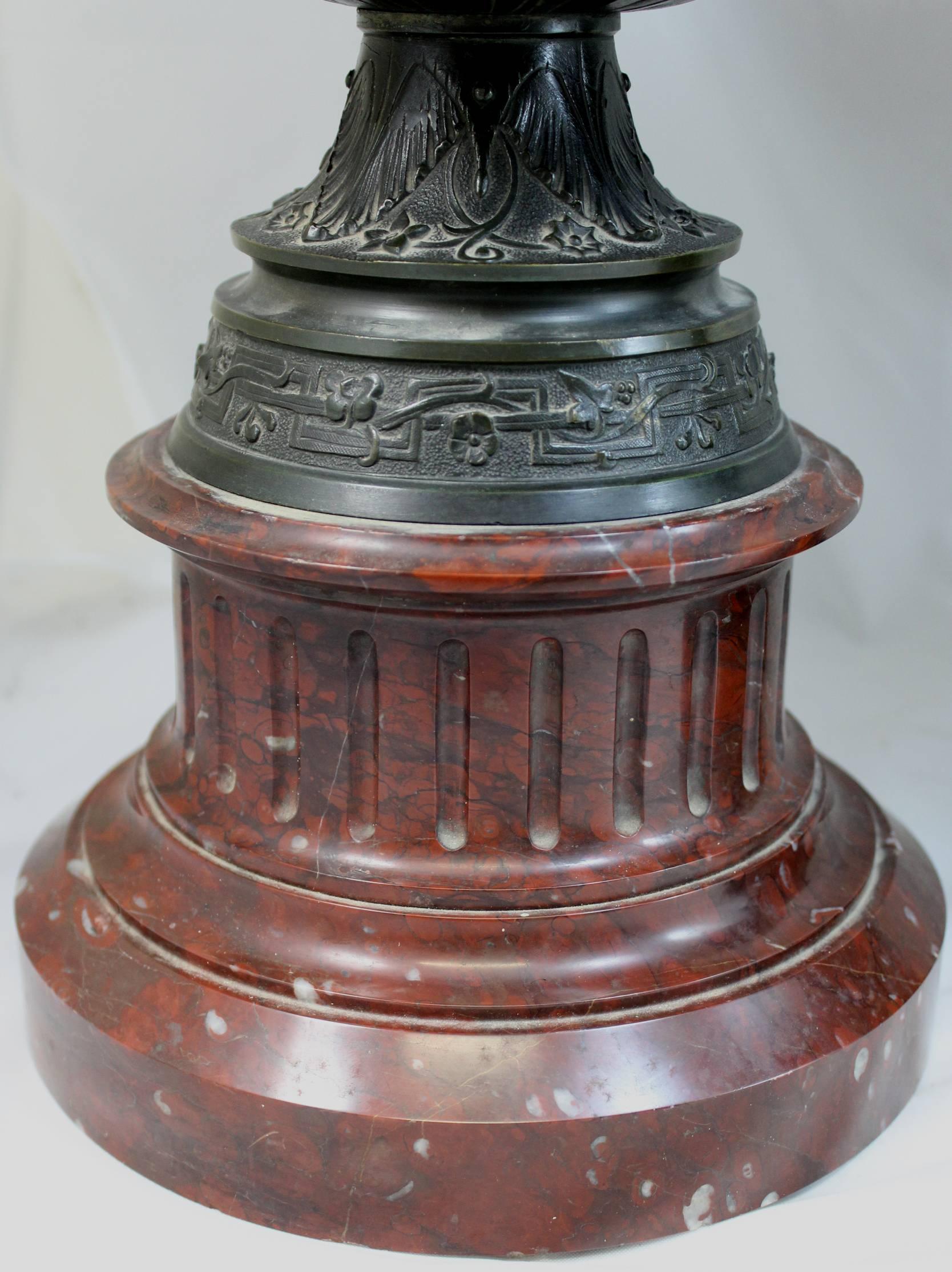 Pair of 19th Century French Bronze Handled Urns with Marble Plinths 2