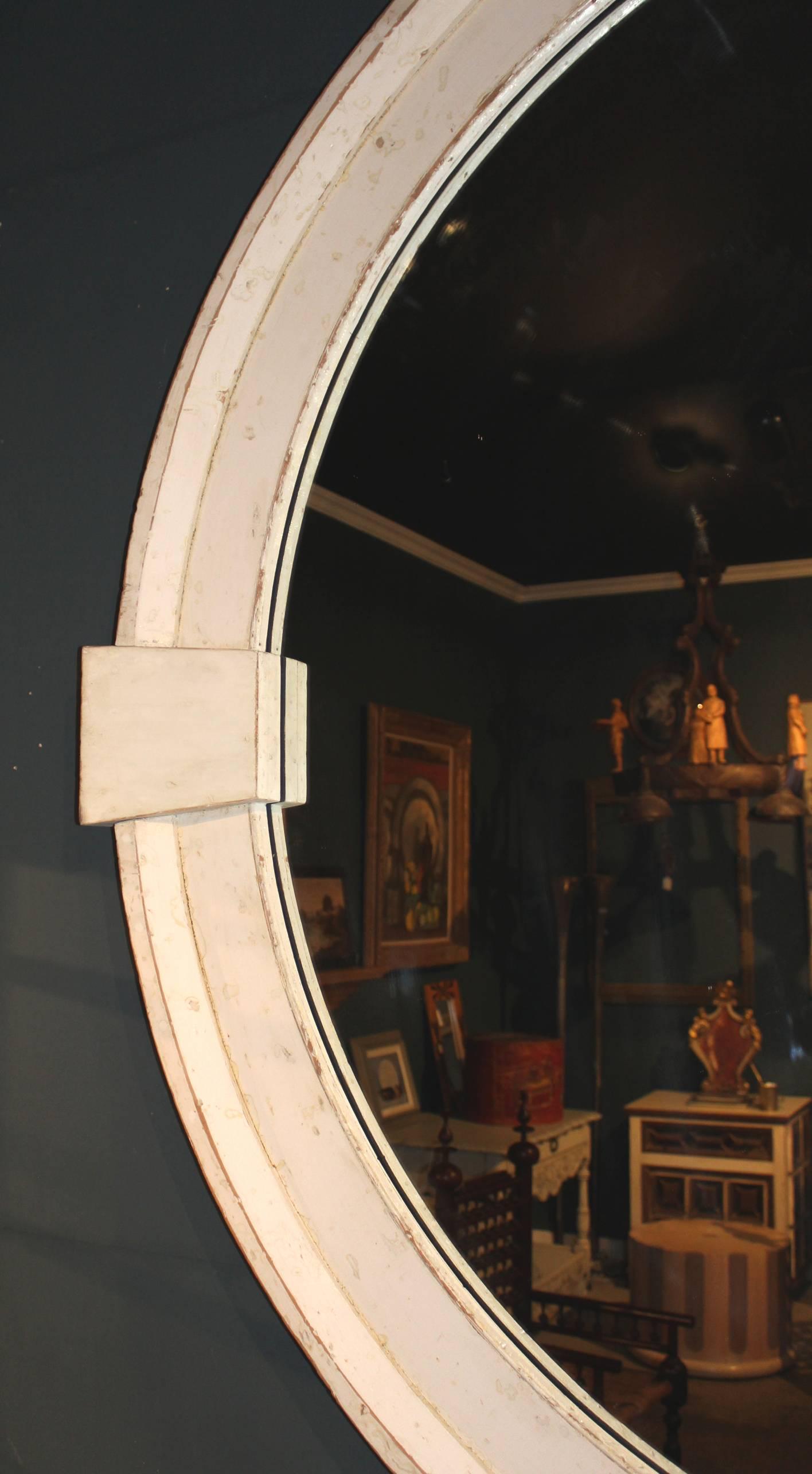 Painted Monumental Round Wood Framed Mirror with Architectural Keystone Decoration