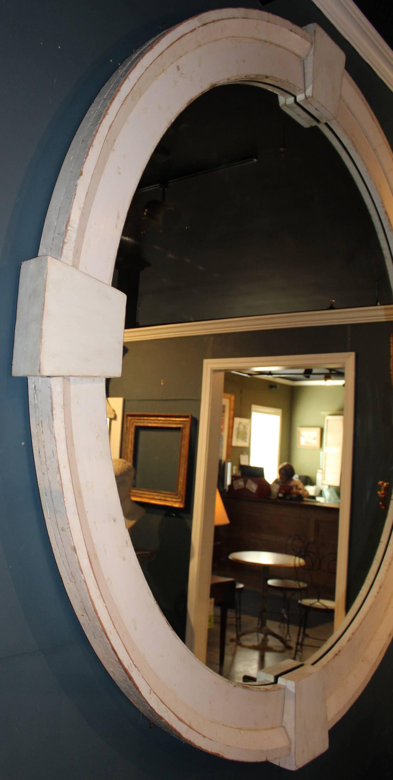 20th Century Monumental Round Wood Framed Mirror with Architectural Keystone Decoration