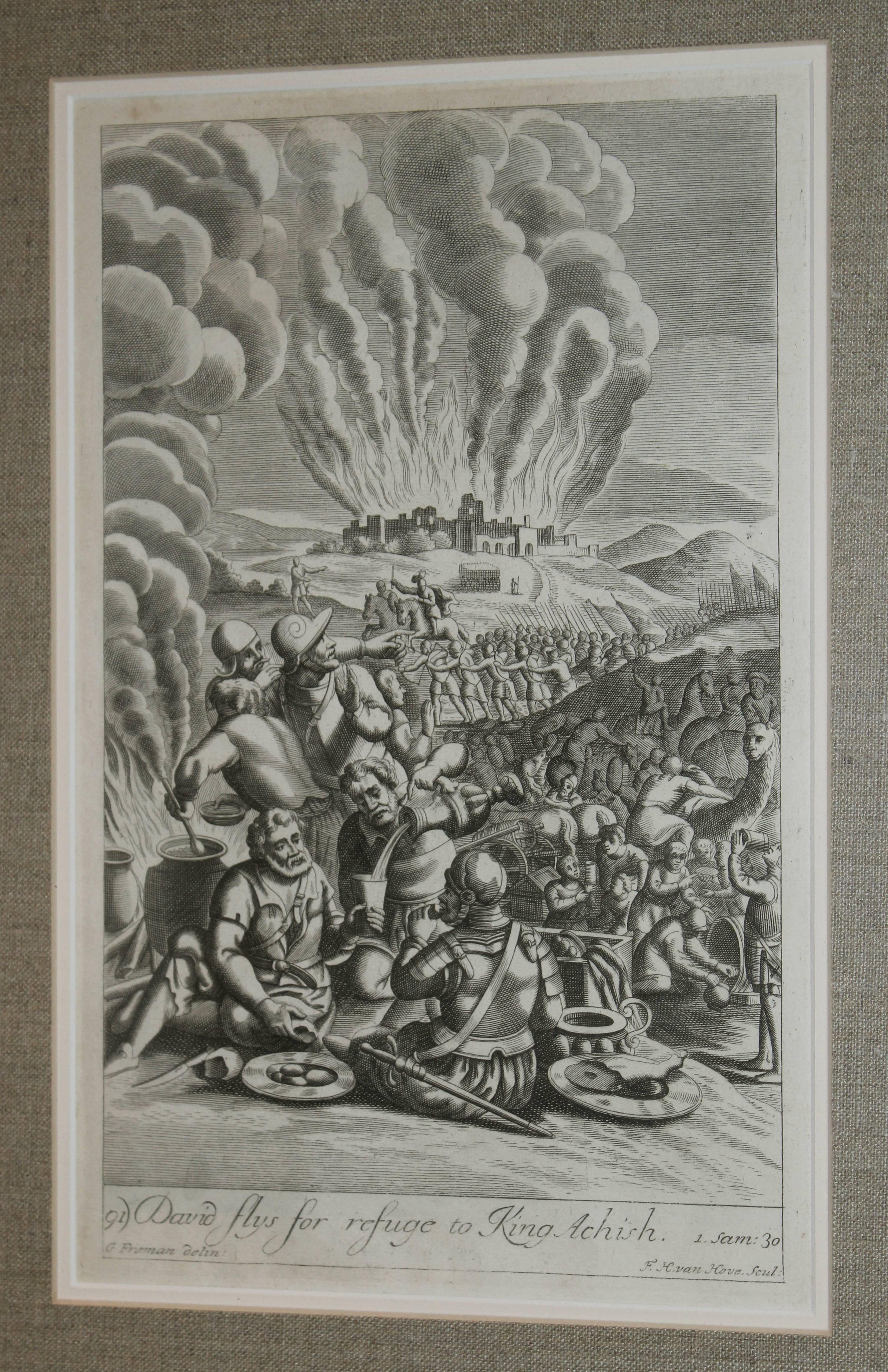 XVIIIe siècle et antérieur Ensemble de huit gravures européennes connexes au feu de G. Freeman, joliment encadrées en vente