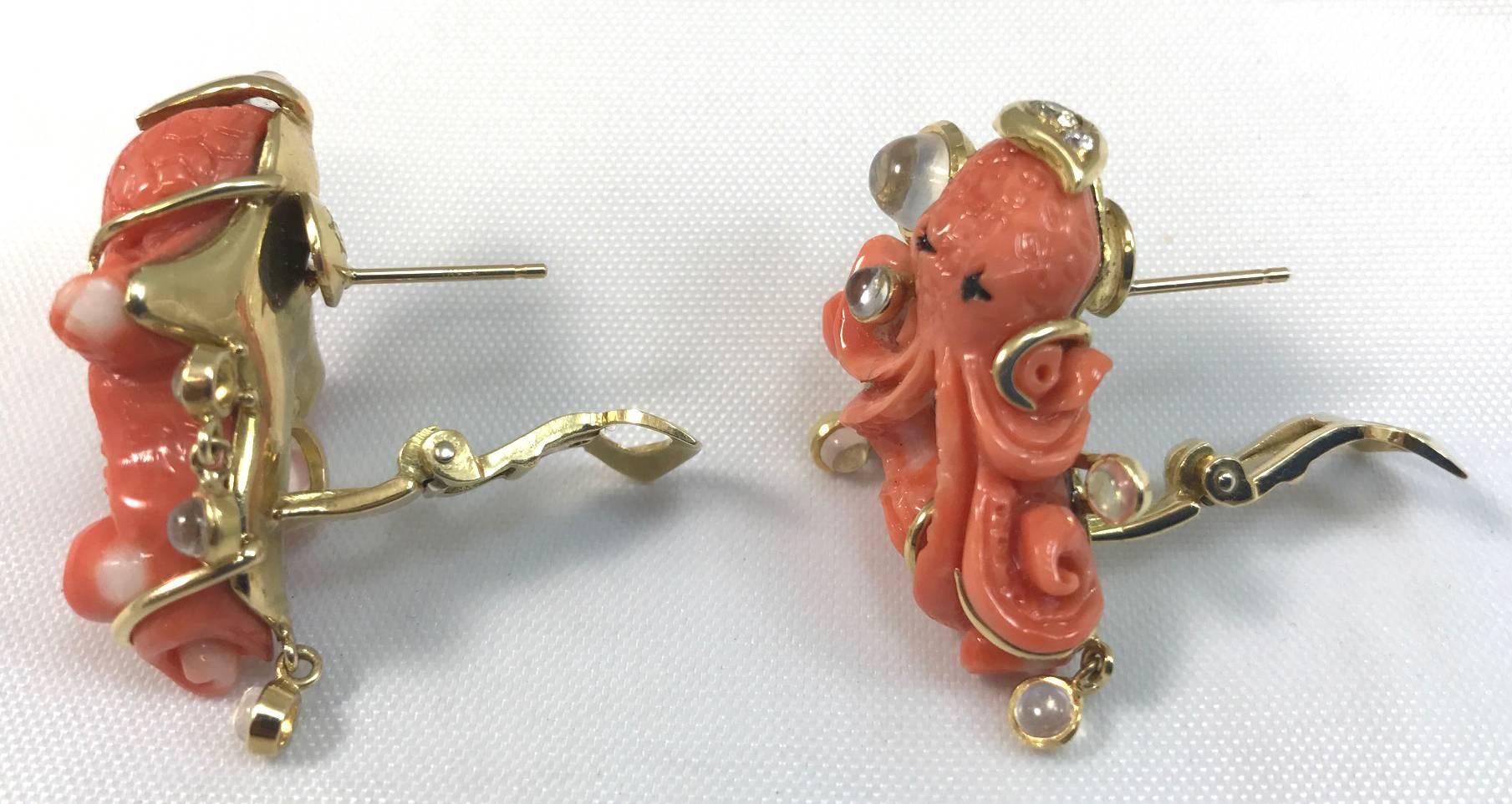 Pair of 18-Karat Marilyn Cooperman Coral Octopus Earrings In Excellent Condition In Milford, NH