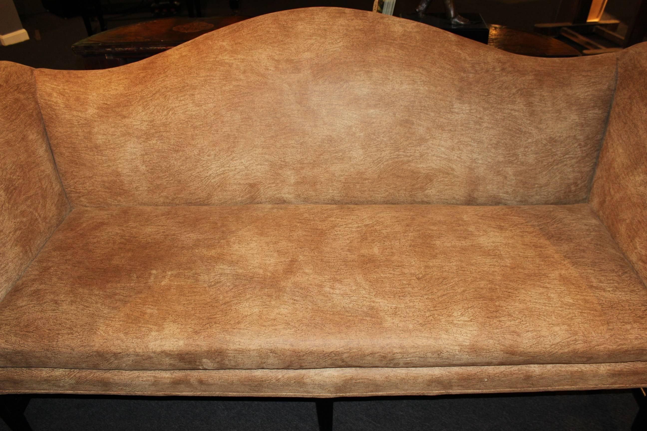 American Chippendale Style Mahogany Camelback Sofa in Faux Cork Upholstery