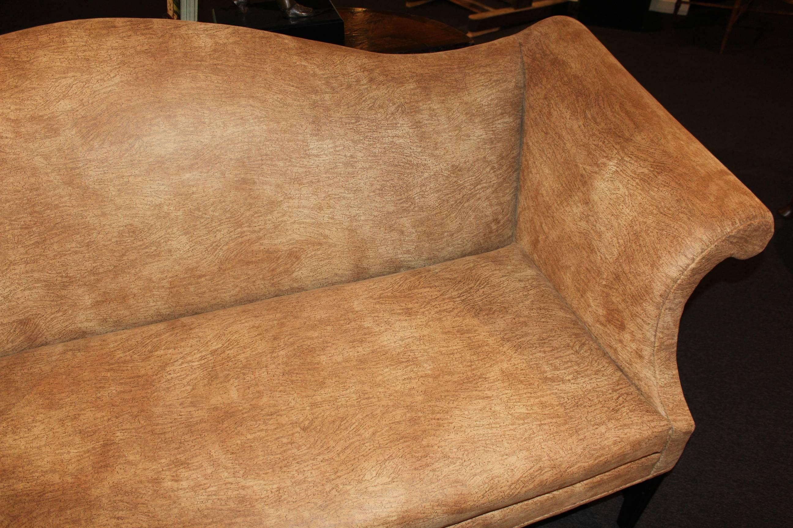 Chippendale Style Mahogany Camelback Sofa in Faux Cork Upholstery In Excellent Condition In Milford, NH