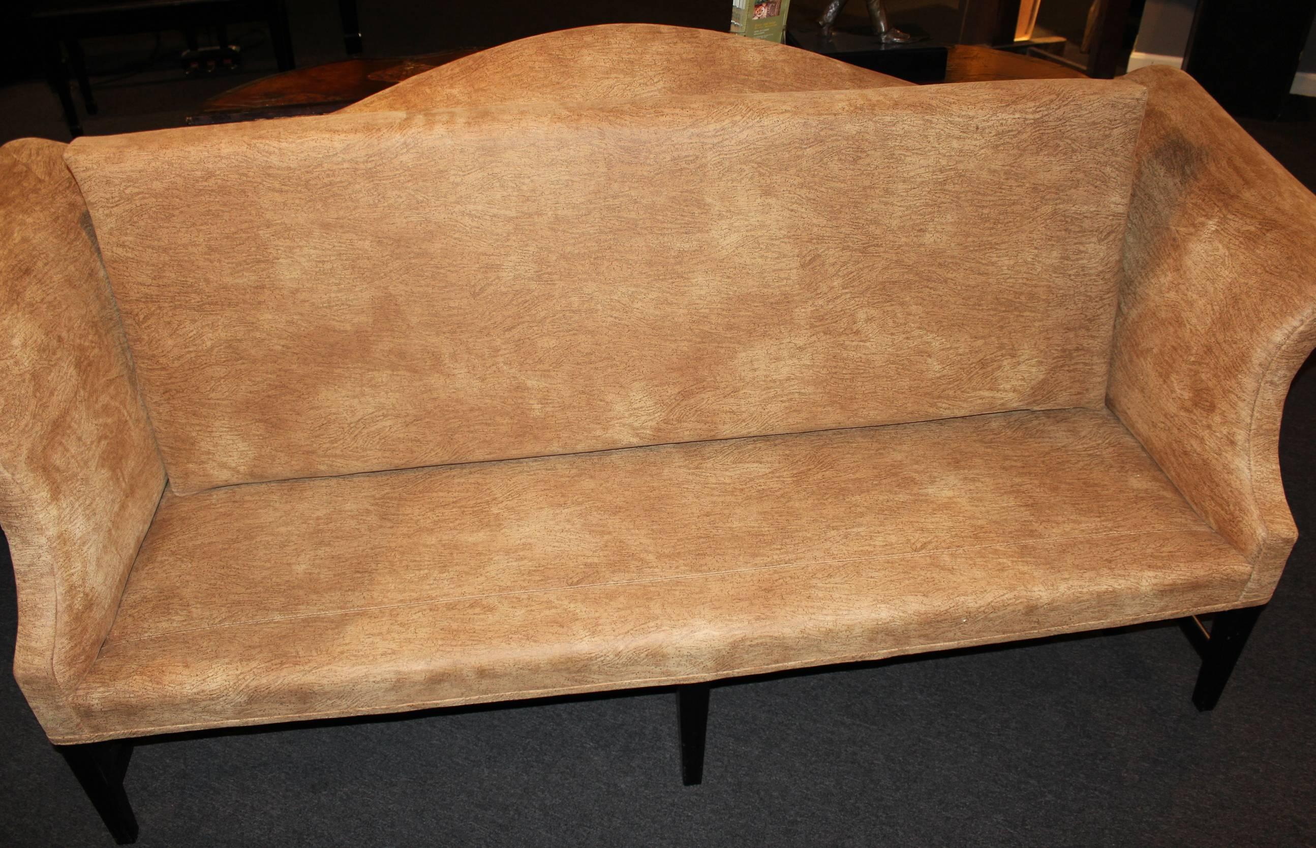 Chippendale Style Mahogany Camelback Sofa in Faux Cork Upholstery 3