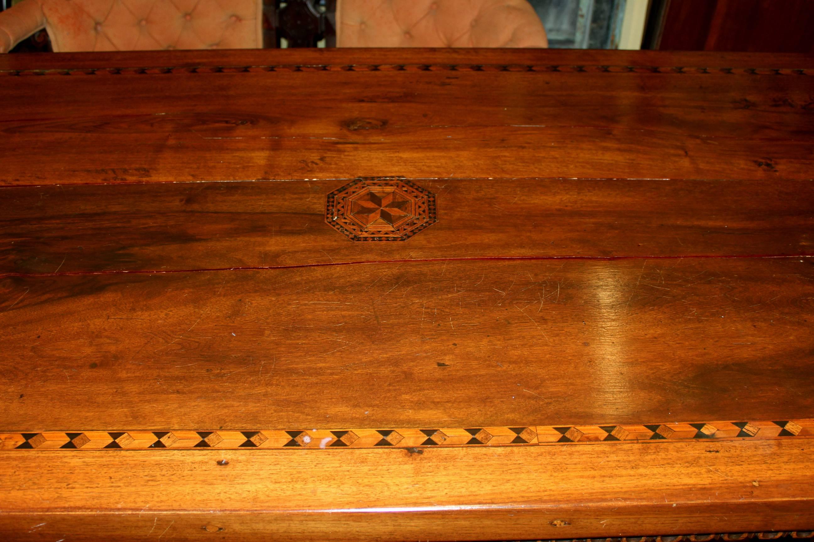 Italian 19th Century Continental Walnut Refectory or Trestle Table with Geometric Inlay