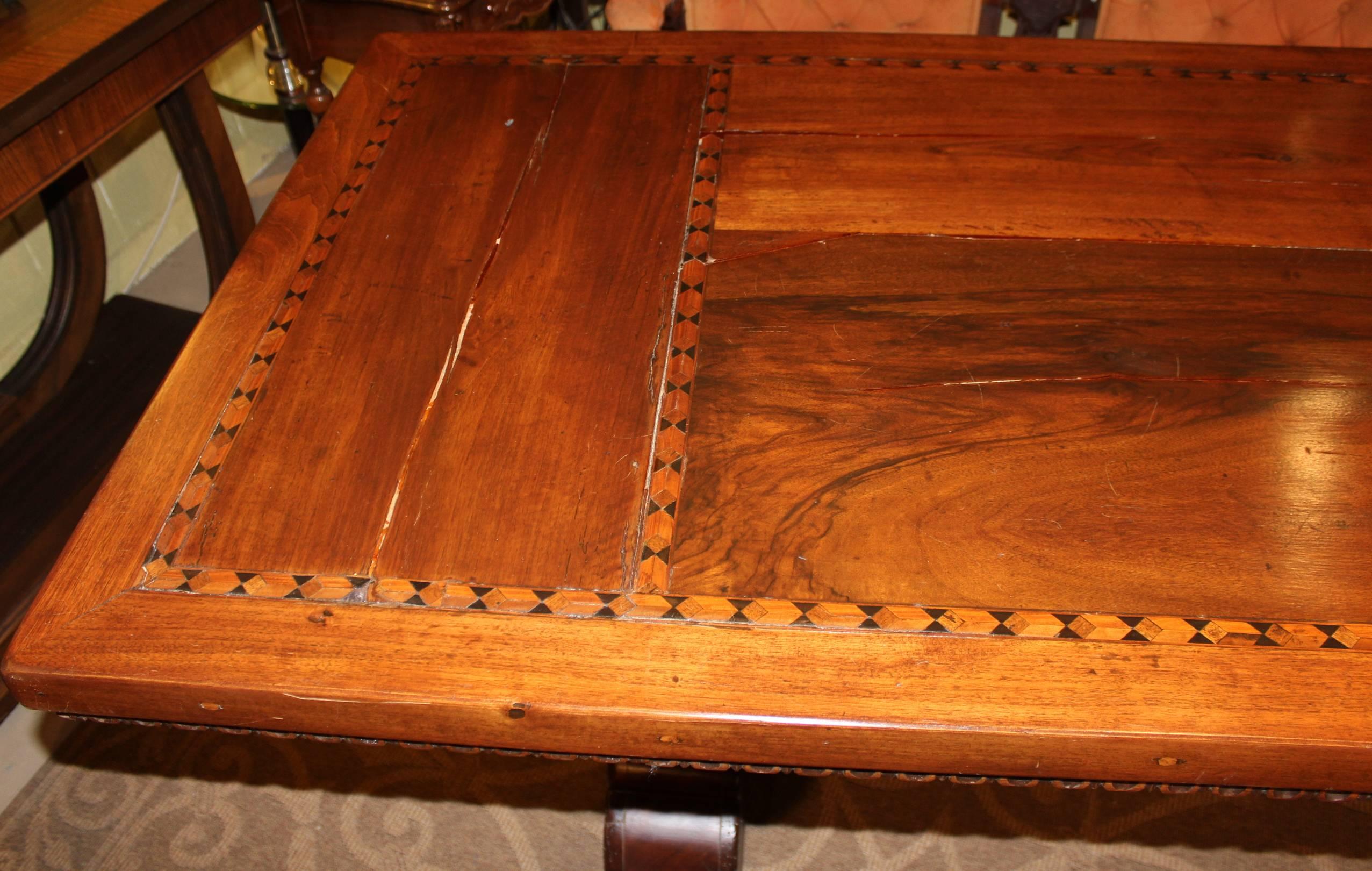19th Century Continental Walnut Refectory or Trestle Table with Geometric Inlay In Good Condition In Milford, NH