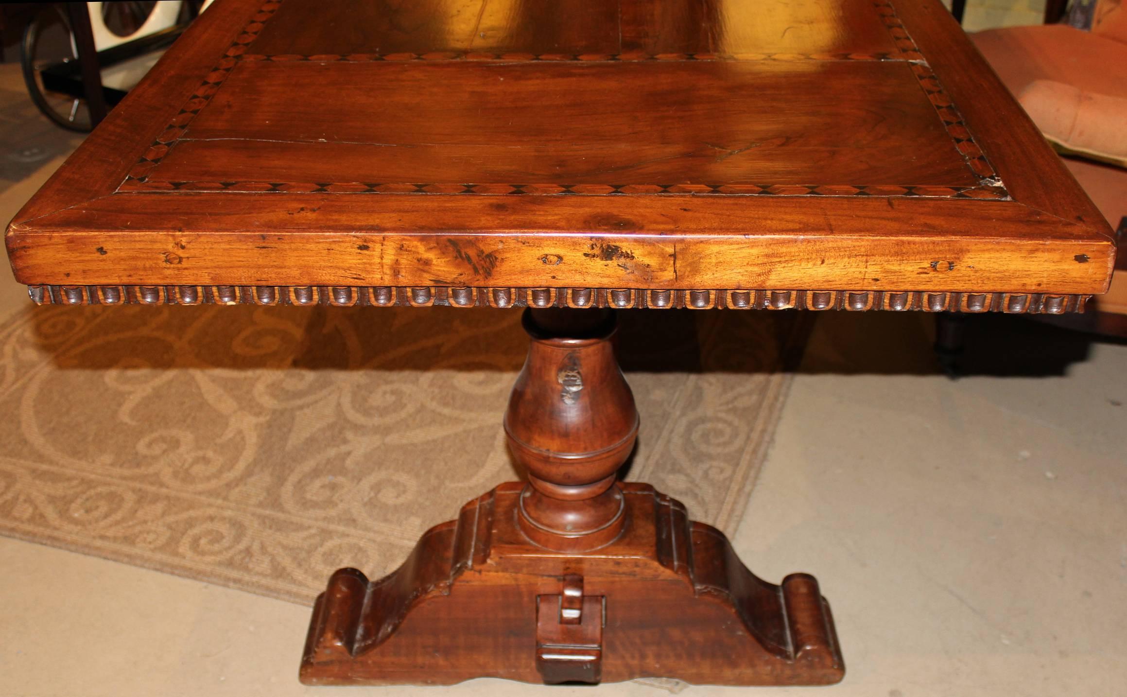 19th Century Continental Walnut Refectory or Trestle Table with Geometric Inlay 1