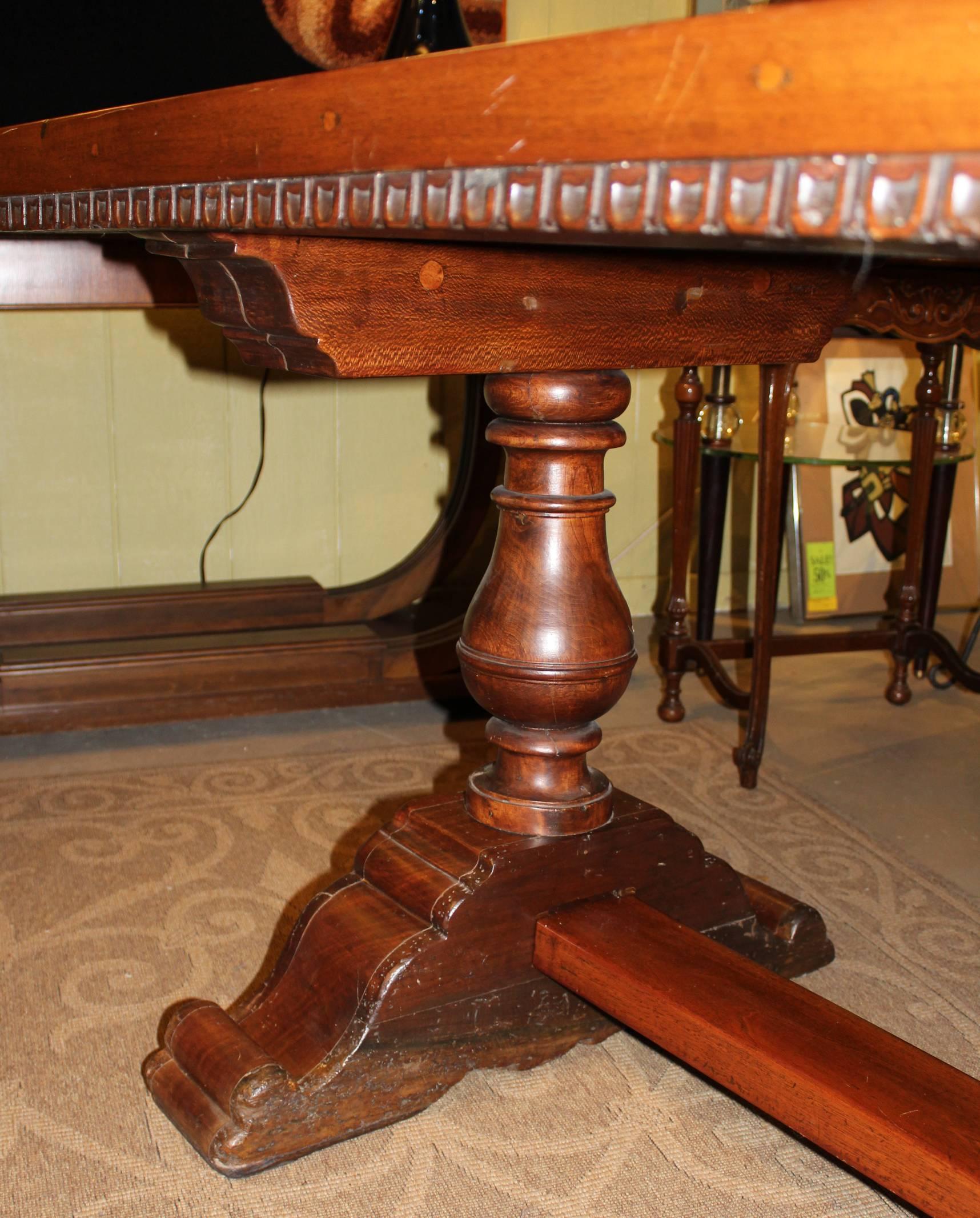 19th Century Continental Walnut Refectory or Trestle Table with Geometric Inlay 3