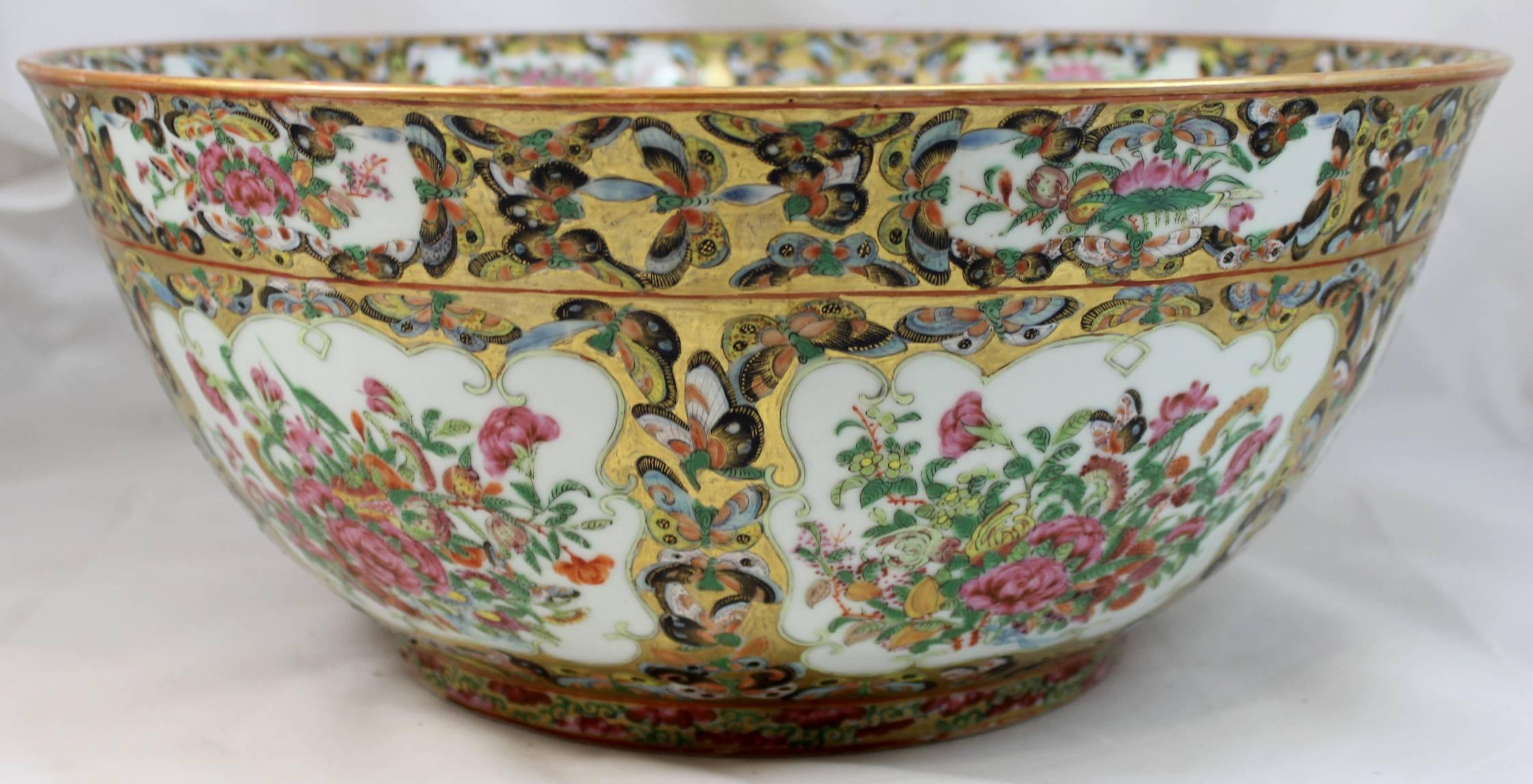 Hand-Painted Large 19th Century Chinese Export Famille Rose Black Butterfly Punch Bowl