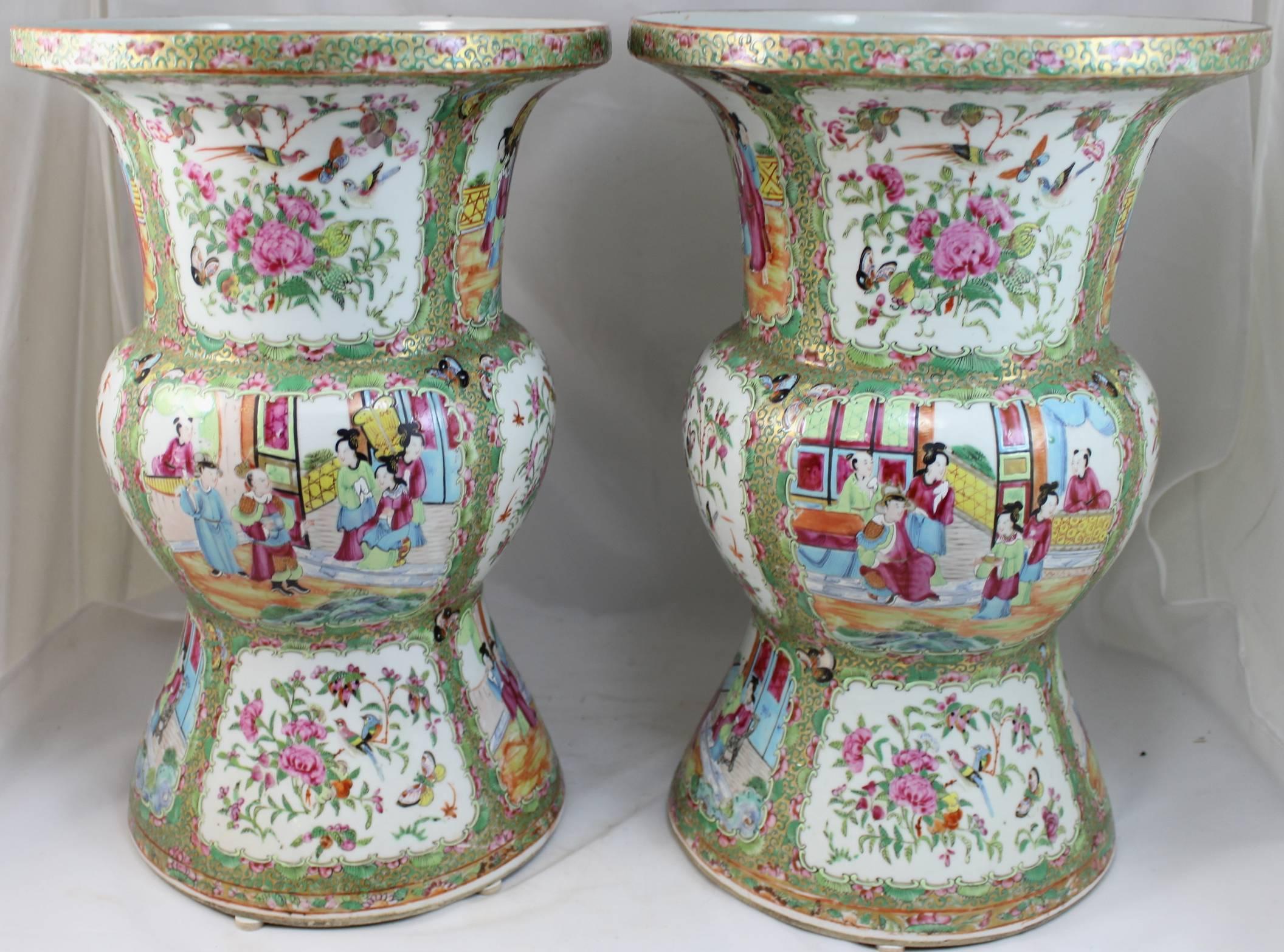 Hand-Painted Pair of 19th Century Chinese Export Rose Medallion Ku Form Vases