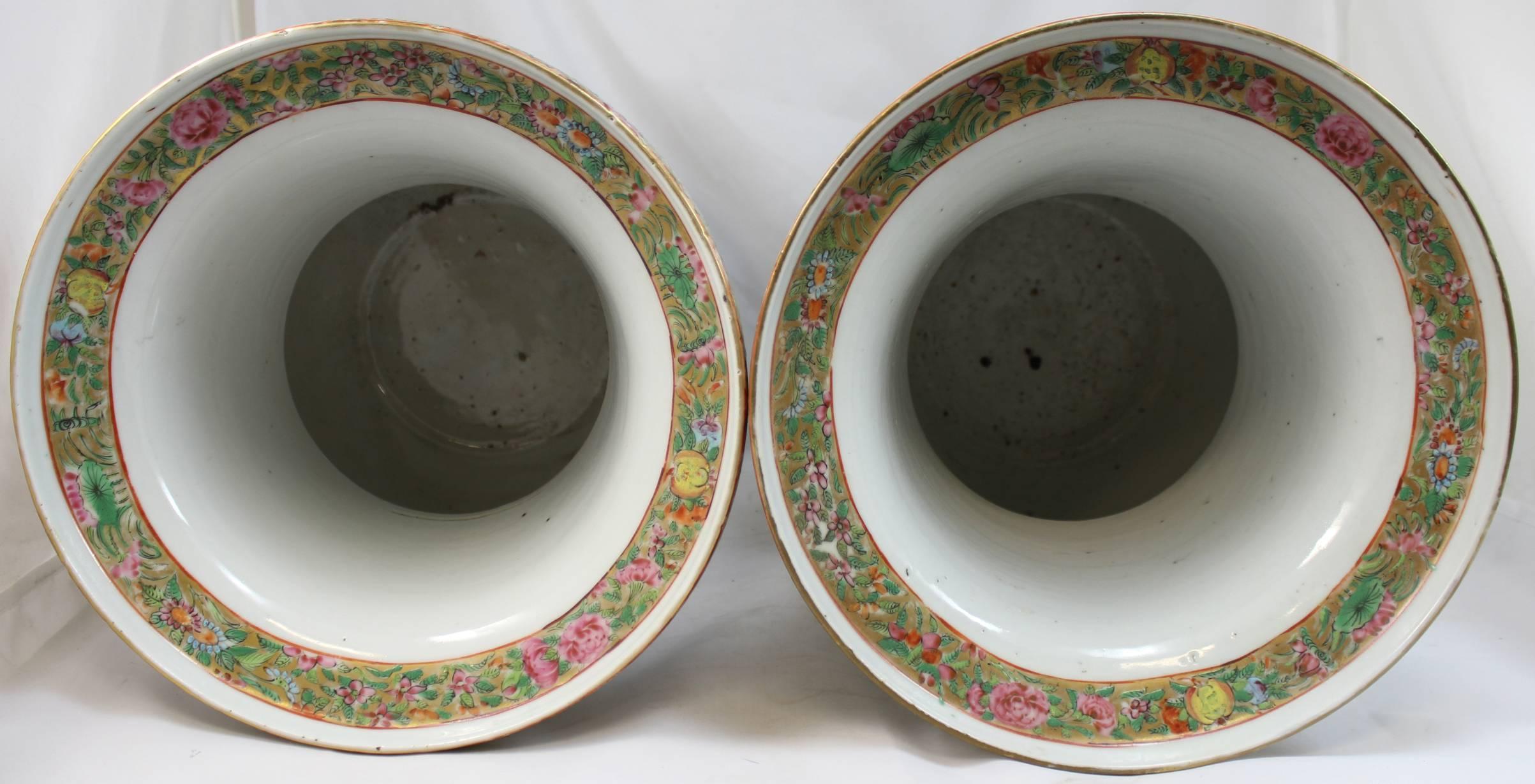 Pair of 19th Century Chinese Export Rose Medallion Ku Form Vases 1