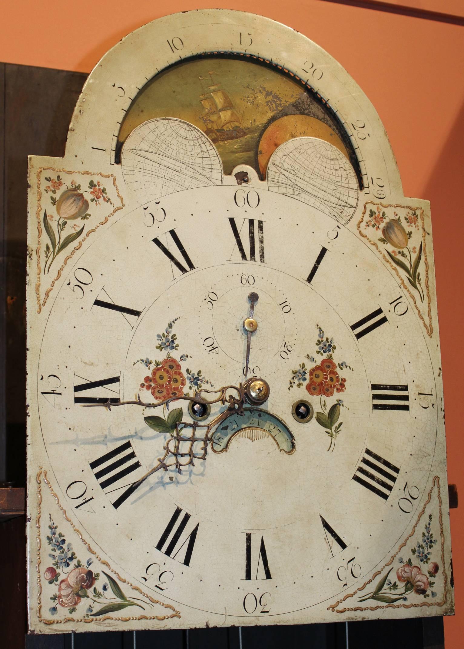 Carved 18th Century Pennsylvania Cherry Tall Case Clock with Moon Phase