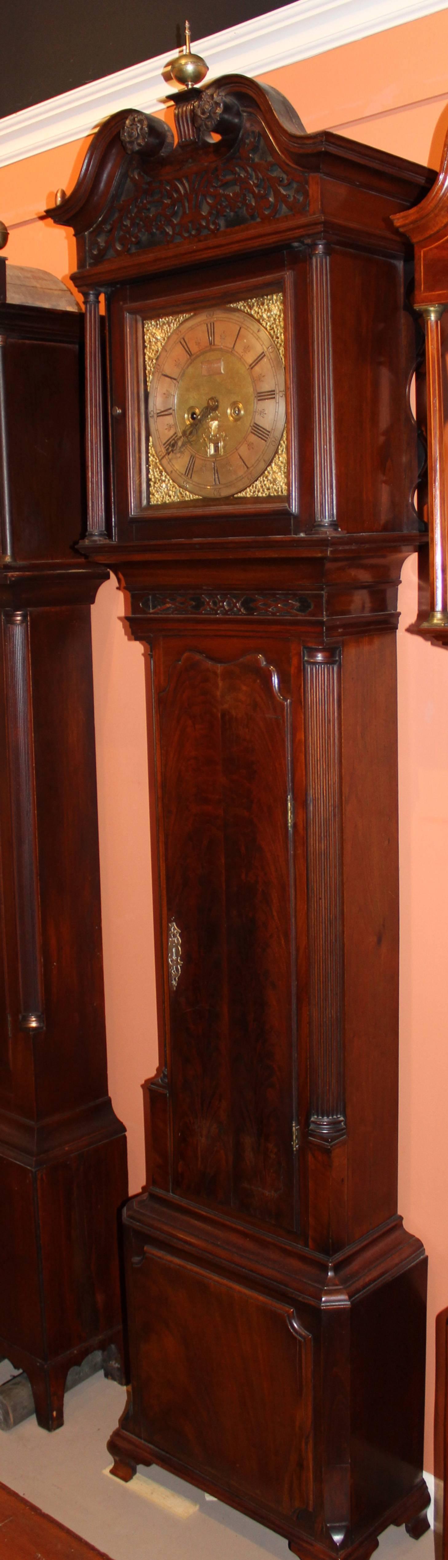 18th Century and Earlier 18th Century Georgian Mahogany Tall Case Clock, Signed Ralph Sherratt Tilley For Sale