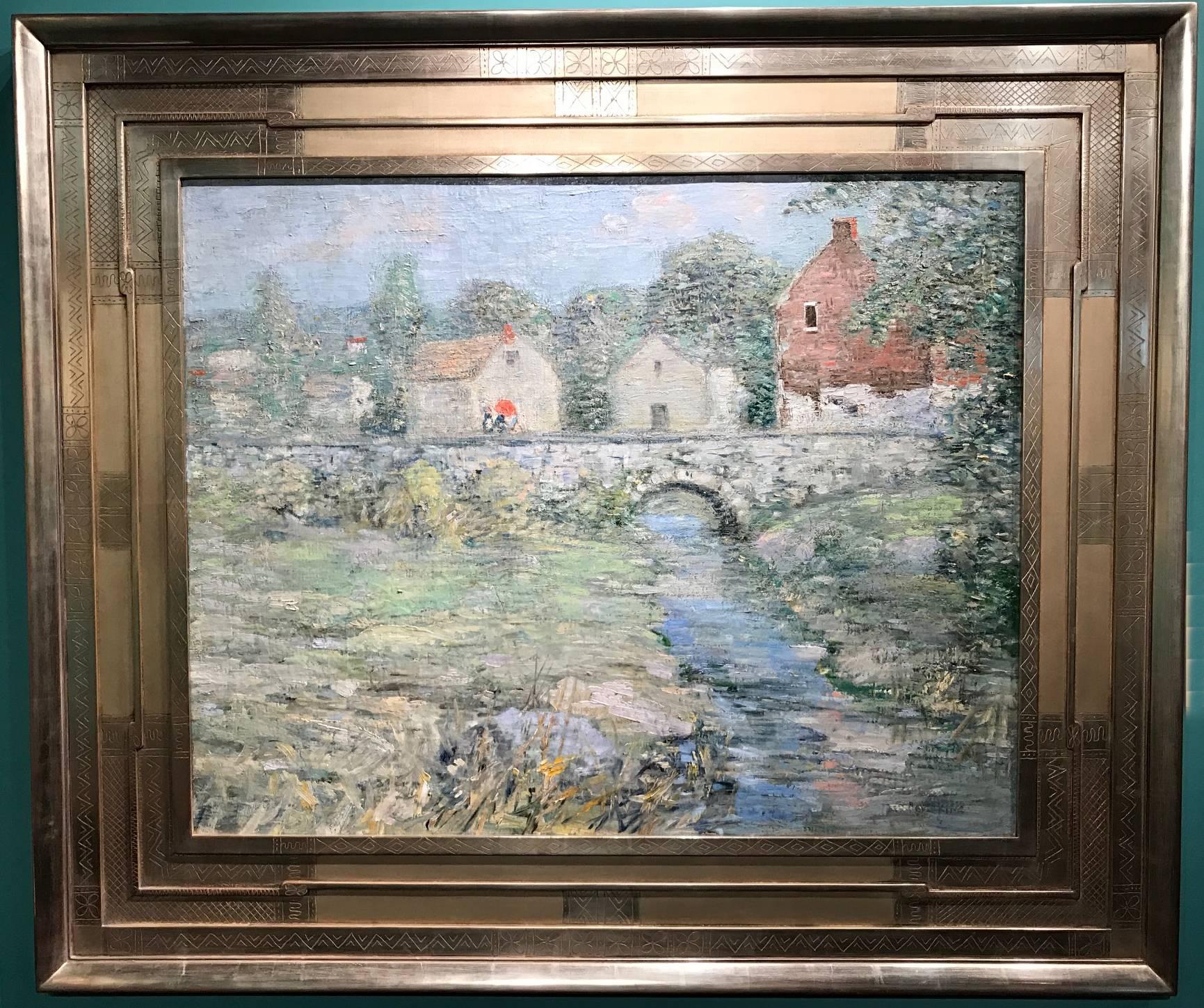 This wonderful impressionist country village landscape painting with a stone bridge was done by American artist Paul Bernard King (1867-1947). King was born in Buffalo, New York, and after becoming an established printer, went on to study at the NY